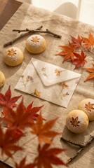 Momiji Manju, Japanese sweets Autumn pastries with maple leaf motifs arranged on rustic linen and twigs