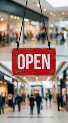 Open sign hanging from rope in busy indoor shopping mall with blurred shoppers
