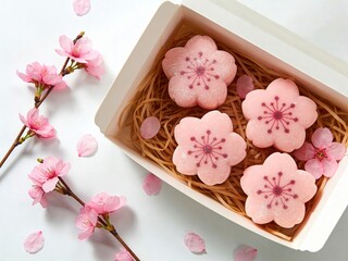 Momiji Manju, japanese sweets on white. Pink blossom cookies arranged in gift box with cherry blossom accents and petals