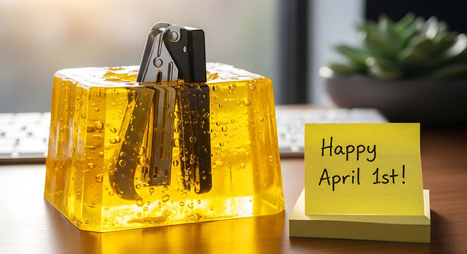 Stapler stuck inside yellow gelatin dessert block on office desk with sticky note saying happy april first for funny prank at workplace environment