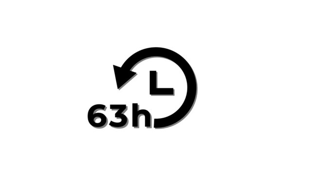Abstract 63 hours clock with circle arrow animated. Clock timer, time passage waiting time animation icon. Stopwatch animated icon clock with moving arrows simple animation with white background.