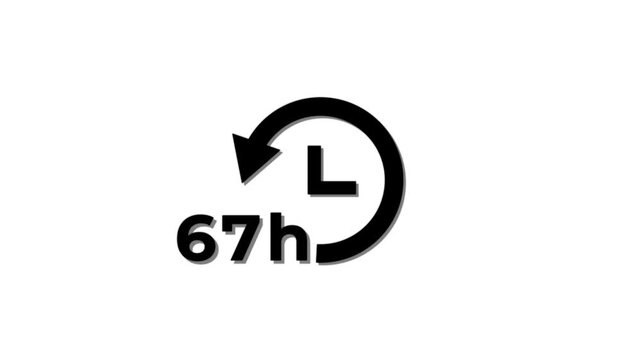 Abstract 67 hours clock with circle arrow animated. Clock timer, time passage waiting time animation icon. Stopwatch animated icon clock with moving arrows simple animation with white background.