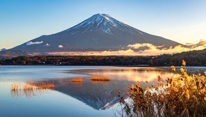Fototapeta premium Mount Fuji reflecting in Lake Kawaguchiko at sunrise, Japan.