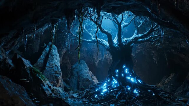 A mystical scene unfolds within a cave. Glowing tree roots dominate, with icicles