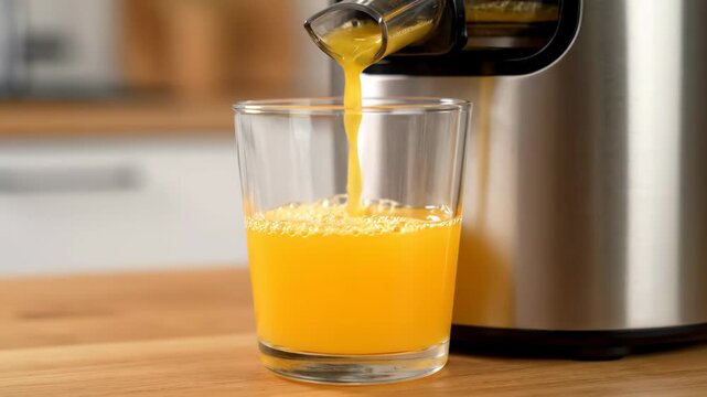 Freshly squeezed juice flowing from a juicer into a glass. The scene is set on a wooden surface in a bright kitchen
