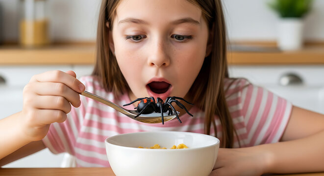 Shocked young girl finding large black toy spider in her cereal bowl during breakfast on april fools day morning for a scary family prank at home