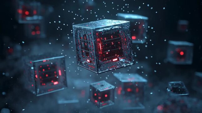 Futuristic modular data blocks floating dark digital space, glowing blue server cubes arranged geometric grid formation, streams red malicious code infiltrating one cube, infected cube turns crimson