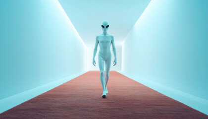 Minimal futuristic corridor with an alien humanoid walking forward. Clean sci fi concept representing technology, unknown life forms and mysterious extraterrestrial exploration.