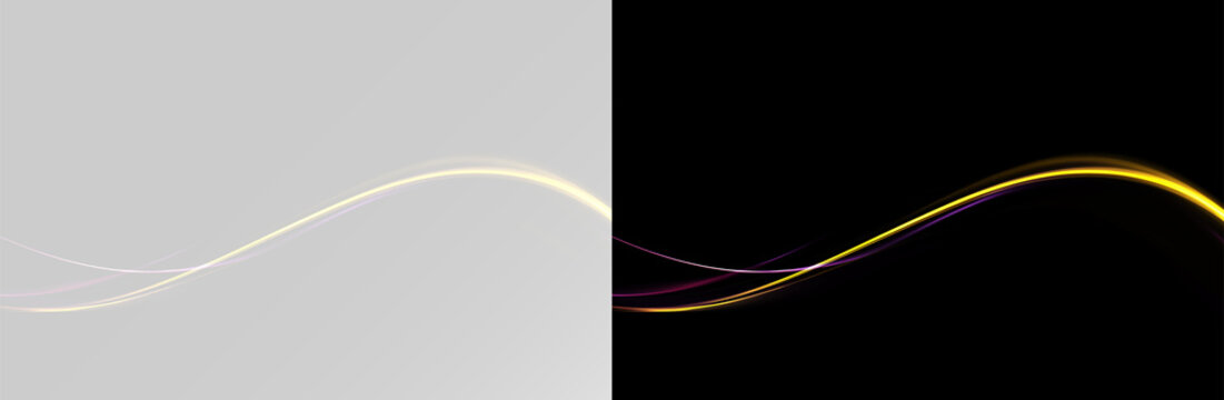 Neon line with glowing overlapping stripes and light trails. Futuristic purple and golden wavy curves in motion on white. Elegant geometric layering design for tech header. Overlay lines effect, png.