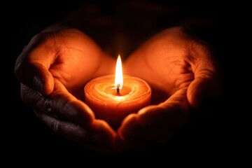 Close-up of hands holding a single lit candle in darkness, forming a heart with light