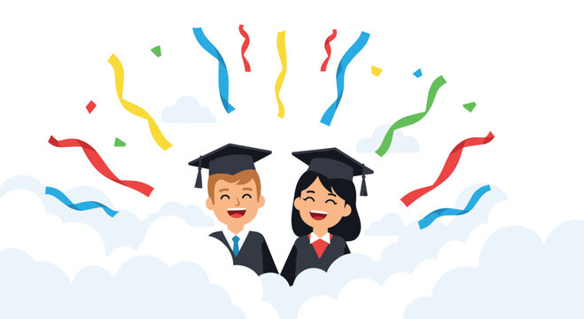 A cheerful male and female graduate smile wearing black caps and gowns amidst white clouds with colorful confetti ribbons.