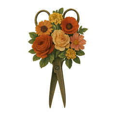 Naklejka premium PNG Vintage scissors floral bouquet illustration.
