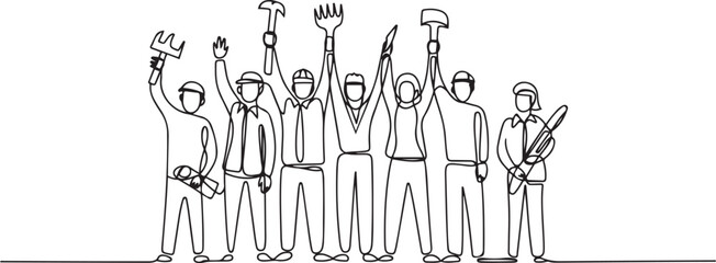 Obraz premium labour day vector art. Group of labours as a builder of nation. one line art icon drawing vector