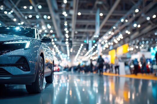 Trade show environment for vehicles: polished showroom style car on display with defocused attendees and booths