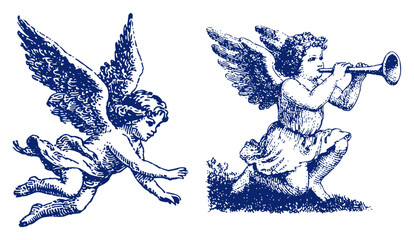 Naklejka premium Set of two vintage style cherubs or little angels with a musical trumpet