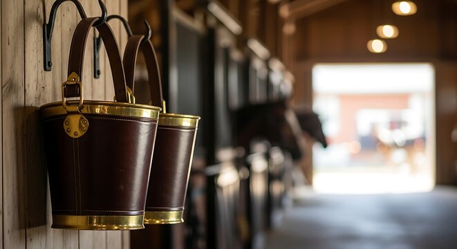 Leather Horse Buckets in a Stable