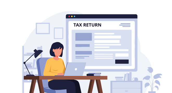 Modern vector illustration of taxpayer submitting online tax return through secure government portal on laptop. Digital e-filing and paperless financial compliance concept