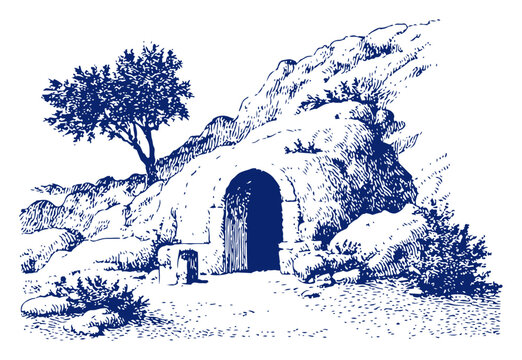 Empty cave tomb of jesus christ on a rocky hill in vintage engraving style for easter