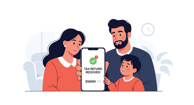 Modern vector illustration of happy family receiving tax refund notification on smartphone. Government return payment and personal finance relief concept
