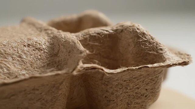 Eco-Friendly Egg Container: A close-up view of an empty, eco-friendly egg container, made from recycled material, highlighting its sustainable design and commitment to environmental conservation.