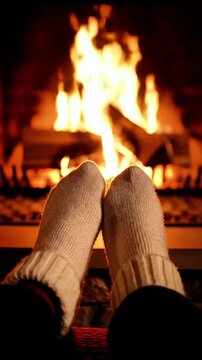 Cozy winter evening by a crackling fireplace warm socks and relaxed feet enjoying the comforting glow of a home hearth a feeling of peace and tranquility
