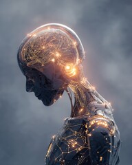 Advanced artificial intelligence concept featuring a futuristic robotic humanoid with a glowing neural network and digital brain circuitry, representing machine learning, cyborg evolution, and tech