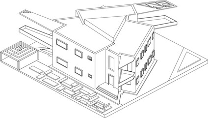 Fototapeta premium Technical isometric architectural drawing of a modern building with angular rooflines, rectangular windows, and entrance stairs, set on a landscaped site plan base in black and white line art.
