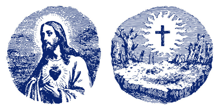 Two circular religious emblems depicting Jesus and the resurrection scene with a cross