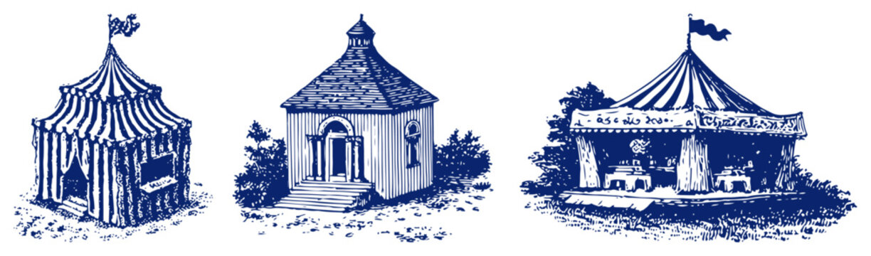 Collection of vintage medieval tents and circus pavilions in detailed engraving style illustration