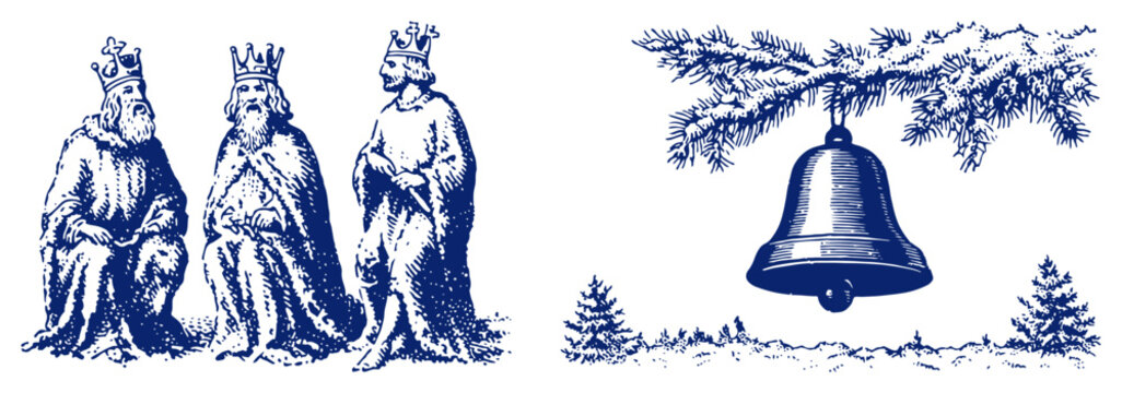 Three wise men epiphany figures and a christmas bell hanging on branch vintage engraving style