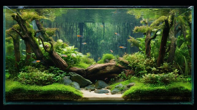 Tranquil freshwater planted aquarium with tiny characins among driftwood and lush aquatic plants