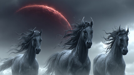 Naklejka premium Black Horses Under Lunar Eclipse Sky