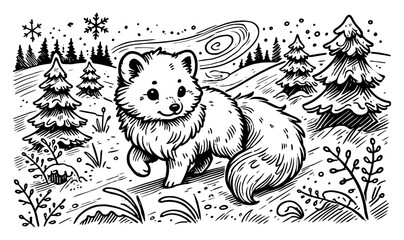 Cute arctic fox in winter landscape, hand-drawn sketch of fluffy wild animal in snowy forest illustration © JakubVectorSketch
