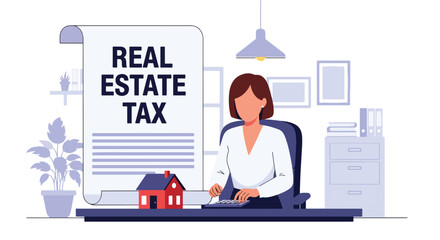 Modern vector illustration of homeowner calculating property tax with house icon and financial documents. Real estate taxation and budgeting concept
