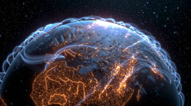 3D global map night, fiber optic lines connecting major cities glowing streams of light, pulsing data packets traveling along cables, continents cinematic camera orbit globe, high-tech futuristic
