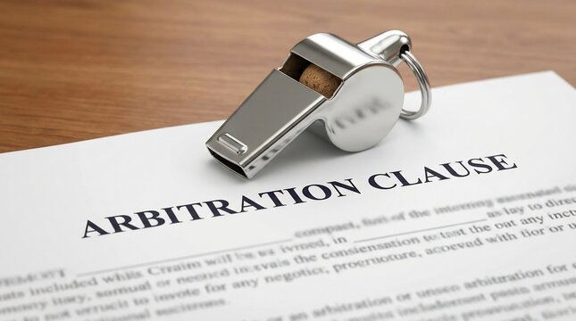 Arbitration clause document with a metal whistle symbolizing legal dispute resolution.