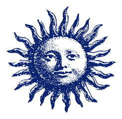 Traditional vintage woodcut illustration of a sun face with radiant rays © Tomas