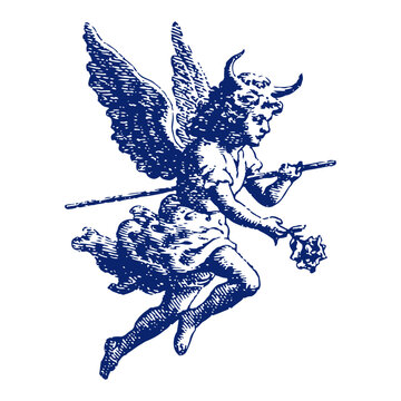 Detailed vintage engraving of a flying cherub angel holding a staff and flower