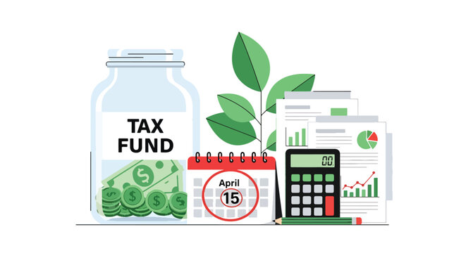 Modern vector illustration of savings jar labeled tax fund beside calendar reminder icon. Budgeting strategy and responsible financial preparation concept