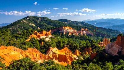 Ochre cliffs and green forest in Roussillon, France.