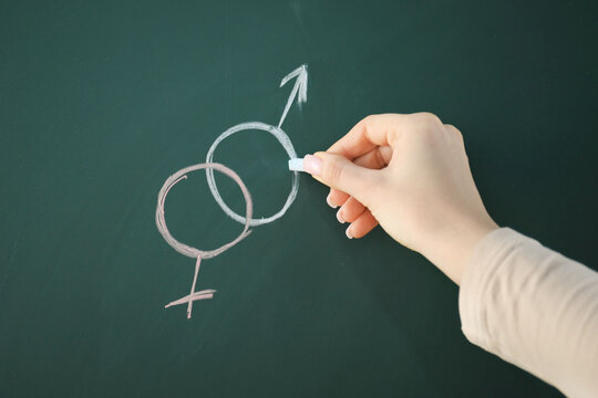 Sex Education. Woman drawing gender symbols on green chalkboard, closeup