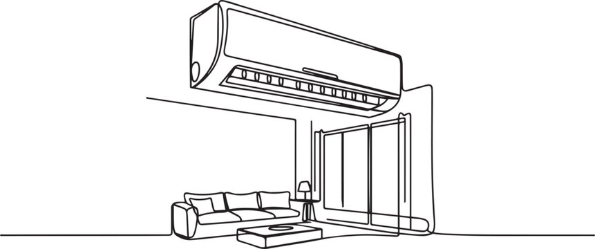 Air Conditioner Logo, Sketch drawing of AC in beautiful interior room, one line art icon drawing vector
