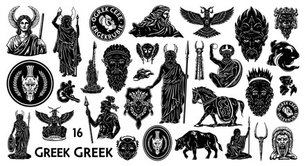 Obraz premium Ancient Greek Mythology Symbols and Figures Collection - Black and White Vector Illustrations