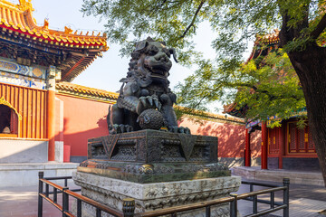 Bronze guardian lion sculpture on pedestal near traditional ornate temple building, red walls golden roofs tree shade in Lama Temple Beijing on sunny day, Beijing, China