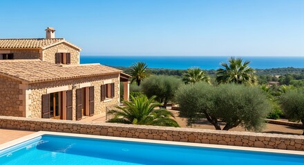 Stone villa with pool overlooking sea, palm trees, sunny day, blue sky