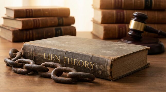 An old law book on Lien Theory bound by a chain with a judges gavel on a wooden desk.
