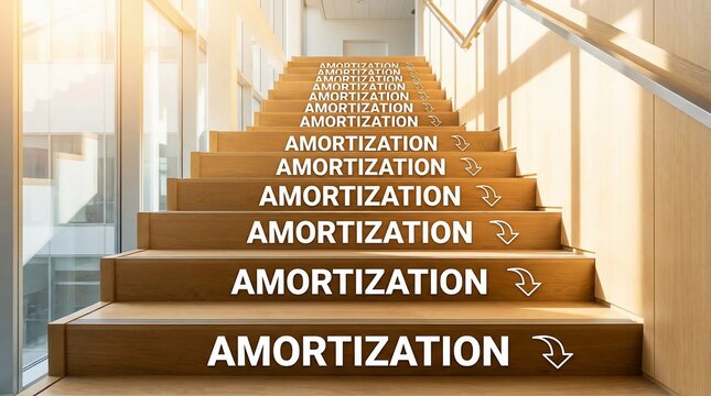Amortization concept shown on a staircase representing financial progress and debt repayment.