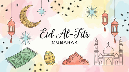 Eid Al Fitr Mubarak greeting illustration, Islamic celebration design with lanterns crescent moon mosque prayer mat and festive decorations © Jisan World
