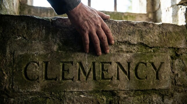 An old weathered hand rests on a historic stone wall carved with the word Clemency.