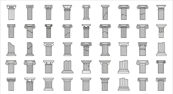 Collection of Ancient Greek and Roman Architectural Columns, Vector Art